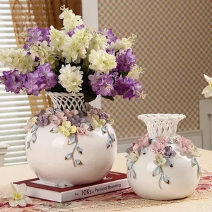 Hand Knit Artificial Flower White Round European Style Creative Ceramic Vase For Dining Table thumbnail-2