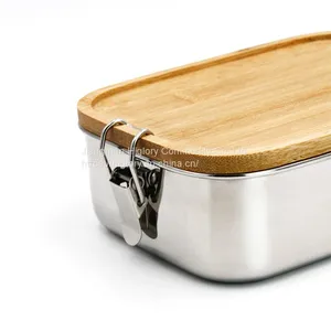 Japan Style Stainless Steel Lunch Box/two Compartments Metal Food Storage Container With Bamboo Lid thumbnail-2