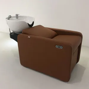 Modern Style Hair Salon Brown Leather Shampoo Chair With White Washing Sink & Adjustable Footrest for Styling Salon thumbnail-2