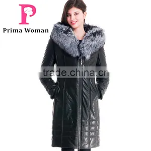 Winter Women Long Leather Slim Fit Coat With Brown Fox Hat Overcoat thumbnail-1