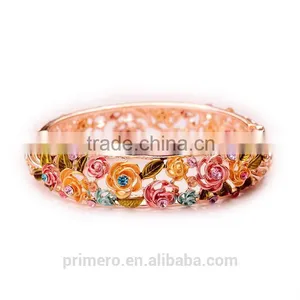 Rhinestone Embed Hollow Leaves Blessing Flowers Rose Golden Bracelets Bangles Women thumbnail-2