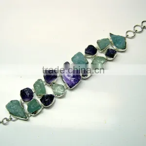 Rough Aquamarine & Amethyst Natural Gemstones 925 Sterling Silver Raw Bracelet thumbnail-2