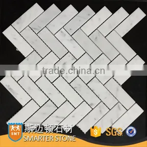 White Carrara Mosaic Herringbone Parquet Flooring Thickness 1cm thumbnail-1