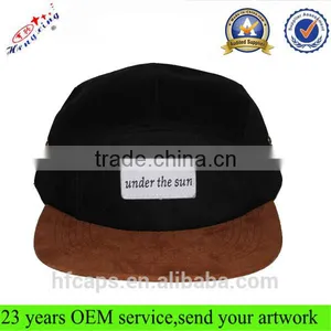 Flat Brim Black Cotton Custom Woven Tag Suede Brim 5 Panel Cap thumbnail-1