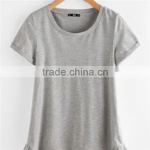Plain White and Grey Pure Cotton Roll Cuff Ruffle Trim Slub T-shirt thumbnail-5