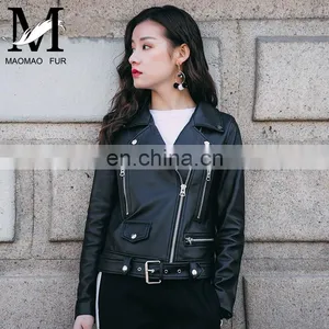 Fashion Cool Zip Front Black Leather Jacket Woman / Real Sheep Skin Jacket Leather / Leather Motorcycle Jacket thumbnail-4