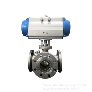 3 Way Double Flanged Stainless Steel Ball Valve With Pneumatic Actuator thumbnail-1