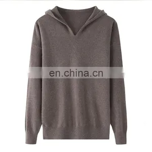 High Quality 100% Cashmere Women's Hoodie Sweater Casual Style With Inner Mongolia Knitted Weave Solid Pattern Winter Front Logo thumbnail-1