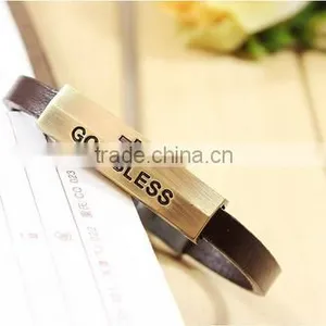 >>New Arrival God Bless Cross Leather Bracelet/ thumbnail-2