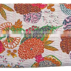 Queen Kantha Quilt Blanket in White - Floral Kantha Quilted Bedspreads,Throws,Ralli,Gudari Handmade Tapestery REVERSIBLE Bedding thumbnail-1