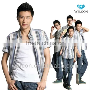 Latest Brand Design European Style Fancy Fashion Pure Cotton Men Short Sleeve Casual Stripe Shirt thumbnail-1