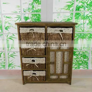 Wooden Cabinet With Four Wicker Drawers and One Door thumbnail-1