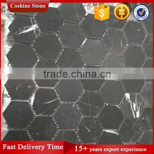 Honed Surface Hexagon Shaped Black Nero Marquina Marble Mosaic Art Floor Tile thumbnail-3