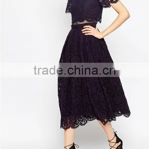 China Guangzhou Clothing OEM Scalloped Edges Round Neckline Crop Top Mesh Insert Midi Women Dress thumbnail-4