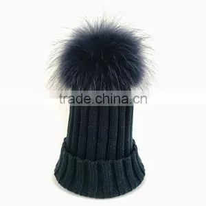 Myfur Adult Knitting Hat With Match Color Raccoon Fur Pom Poms in Navy thumbnail-1