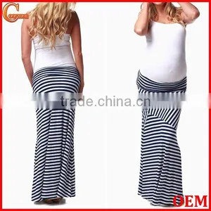 Fold Over Waistband Navy Blue White Print Maternity Long Skirts thumbnail-1