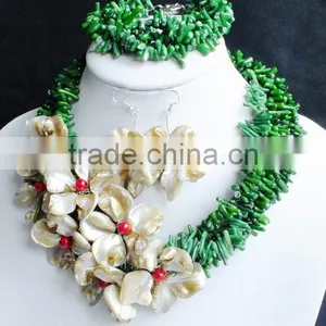 Free Shipping!!! Beauty Design for Bride With Green Coral and Shell Flower Necklace Earrings and Bracelet thumbnail-1