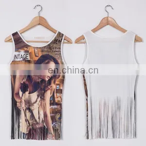 Newest Fashion Sleeveless Shirt With Tassels Sexy Printed Tank Top thumbnail-6