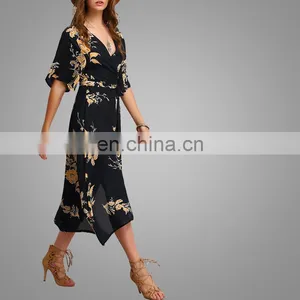 High Quality Chiffon Printing Dress Half Sleeves Ladies Dress thumbnail-2