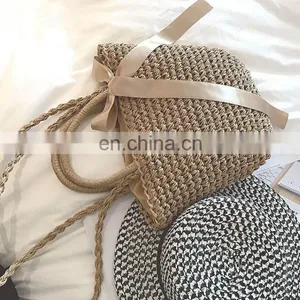 New Hand Knit Straw Handbag Bucket Shoulder Bag for Women thumbnail-4