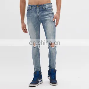 DiZNEW Medium Blue Wash Destroyed Denim Jeans Online Wholesale High Quality Mens Cut Jeans thumbnail-3