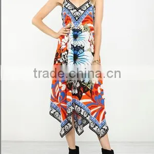 Glamorous Boho Design Spaghetti Strap Dropped Armhole Long Umbrella Dres Tropic Printeds thumbnail-4