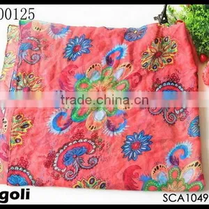 Big Flowers & Grass Printed Red Long Scarf thumbnail-1