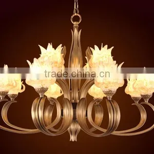 Modern Glass Chandelier Vintage Retro Brass Copper Metal Chandelier Lustrous Patterned Glass Hanging Lighting thumbnail-3