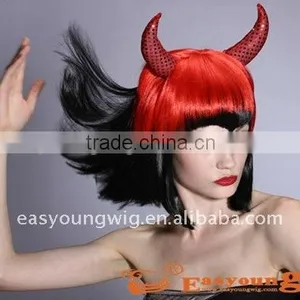 Cheap Synthetic Red Color Party Witch Hair Wig, Devil Wigs With Horns thumbnail-3