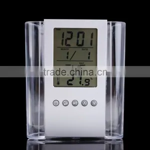 Plastic Transparent Multifunctional Pen Holder Calendar Timer Thermometer Clock thumbnail-3