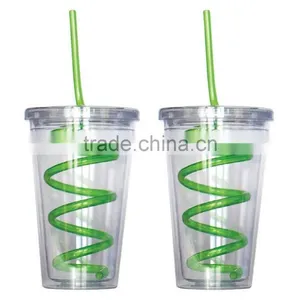 Single Wall Insulated Plastic Drink Cup Glass w Curly Crazy Straw Travel Tumbler thumbnail-3