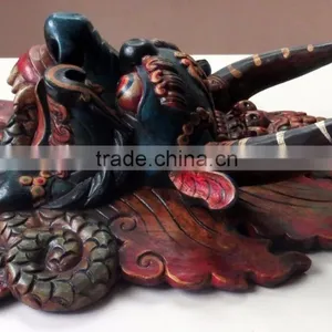 Hand Crafted Wooden Mask of Hindu Buddha Monster Garuda Red Blue Wall Hanging Made in Nepal thumbnail-3