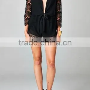 2015 New Stylish Sexy Ladies Deep V Neck Open Front Romper Playsuit Lace Sleeve Short Jumpsuit thumbnail-3