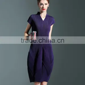 Solid Colors Women Draped V Neck Lantern Dresses With Short Sleeve thumbnail-2