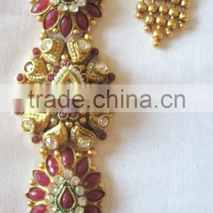 GOLD Plated Polki Kundan Long Necklace EARRING Set thumbnail-2