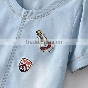 EY0561A Europe and America Women Round Collar Short Sleeve Embroidery Cowboy Dress thumbnail-3