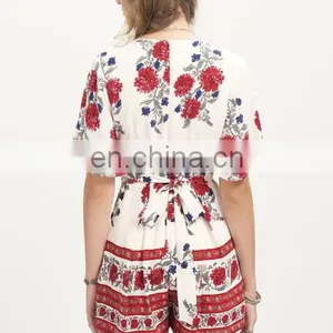 Japanese Girl, Lady Dress, Multicolor Print Half Sleeve Deep V Neck Jumpsuit thumbnail-3