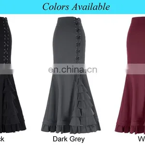 Belle Poque Womens Victorian Style High Stretchy Nylon-Cotton Vintage Retro Ruffled Fishtail Mermaid Black Long Skirt BP000203-1 thumbnail-6