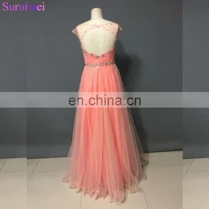 Glitter Sparkles Peach Color Sheer Neck Beaded Nude Back Open Back Long Prom Dress Women Free Shipping WH436 thumbnail-2