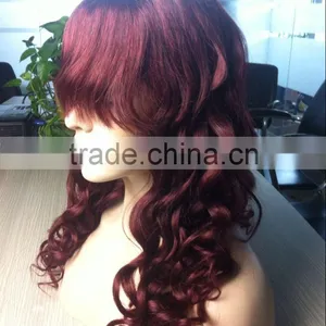 Glueless Color 99j Human Virgin Hair Wig Top Silk Front Lace With Bang thumbnail-1