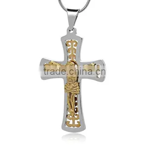 2016 New Hollow Out Stainless Steel 18K Gold Plated Jesus Cross High Polished Charm Pendant Retro Classic Catholic Necklace thumbnail-1