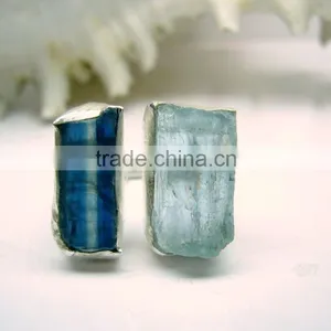 Aquamarine & Blue Kyanite Rough Natural Gemstones Ring, 925 Solid Sterling Silver Rings, Matt Finish Adjustable Rings thumbnail-1