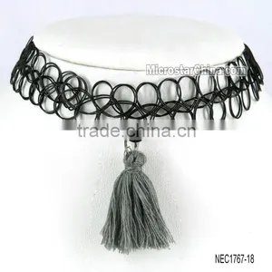 Vintage Black Handmade Tattoo Choker Collar Necklace With Red Tassel thumbnail-6