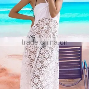 New Fashion Women's Sexy Two Ways Wear Spaghetti Strap Sleeveless Hollow Out Loose Solid Lace Dress thumbnail-1