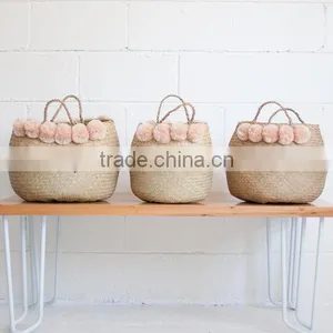 Blush Color Pompom Vietnam Folding Seagrass Basket, Natural Color thumbnail-1