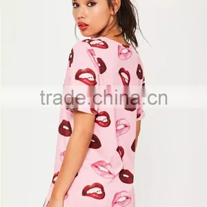 Custom Full Print Women Oversizes V Neck Pink Lip Print Nightshirt Roll Sleeve Causal Loose Sleepwear thumbnail-2