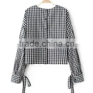 Runwaylover EY2333B Europe Style 2017 Women Fashion Flare Sleeve Plaid Blouse thumbnail-4