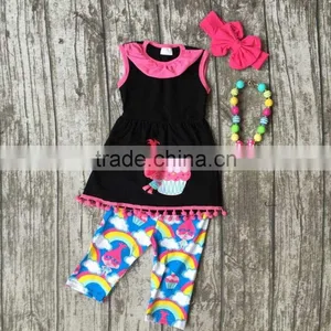 Baby Girls Summer Clothes Girls Children Troll Hair Capcake Outfits Kids Rainbow Capri Pants Outfits With Accessories thumbnail-1