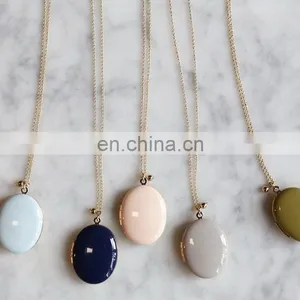 Customized Hypoallergenic Pastel Color Oval Photo Locket Enamel Necklace thumbnail-1