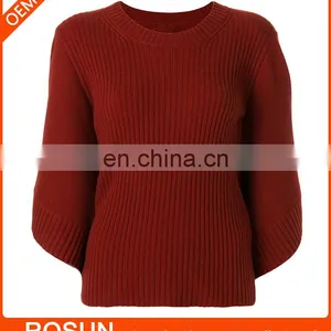 Women Crew Neck Cashmere Bat Sleeves Knitted Ribbed Top thumbnail-1